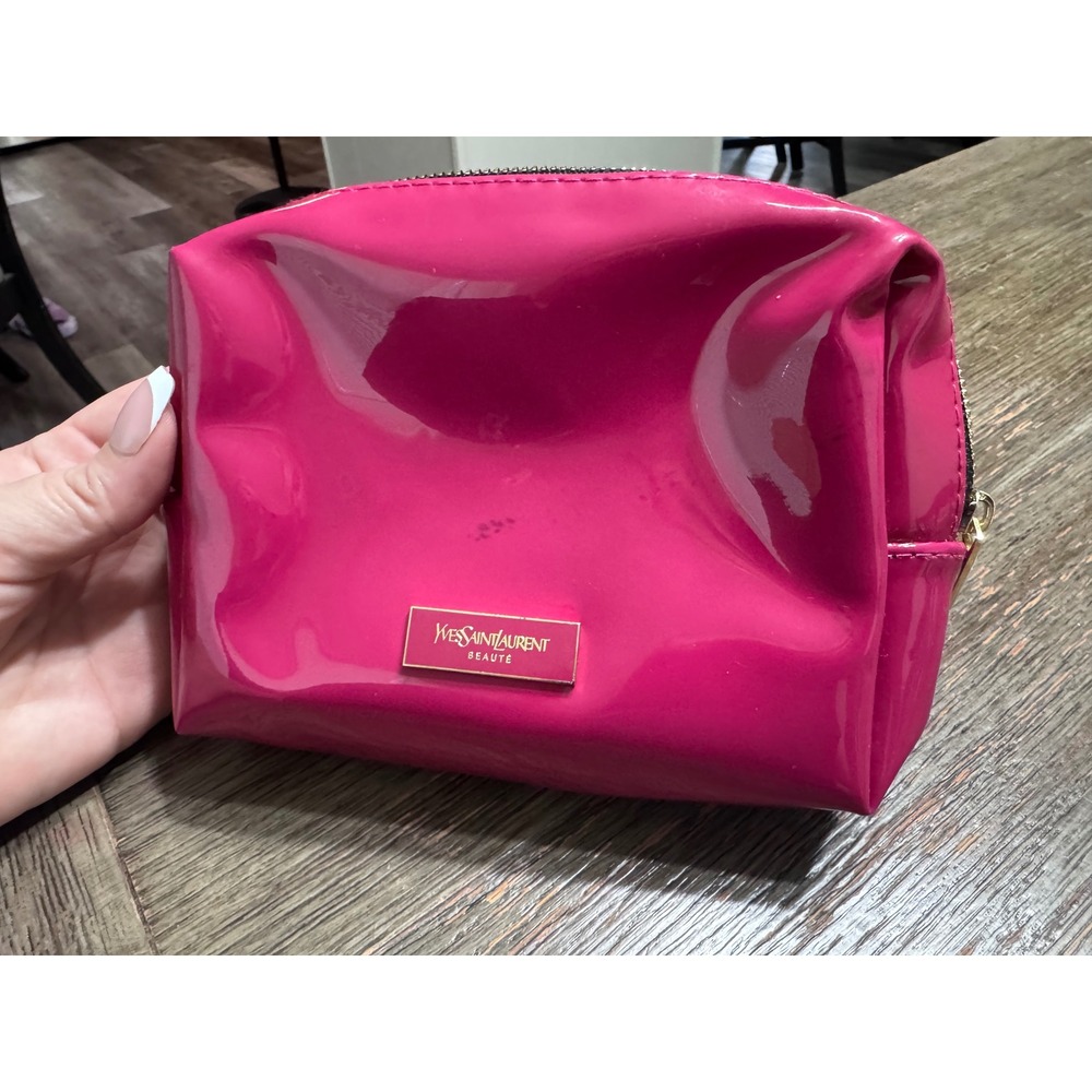 Yves Saint Laurent YSL Beaute Pink Patent Cosmetic Makeup Bag Pouch Fuchsia Gold